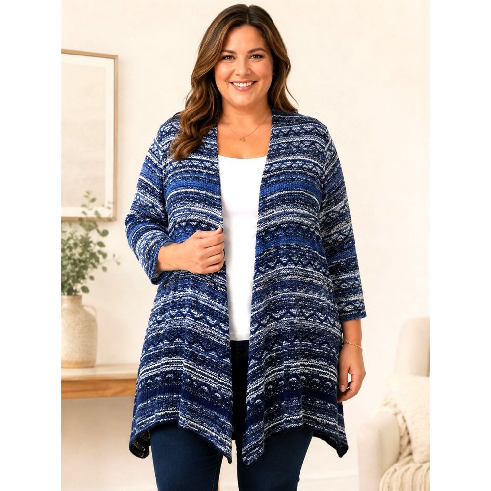 Catherines 1X Blue White Marled Cocoon Waterfall Cardigan Plus Size Open Front